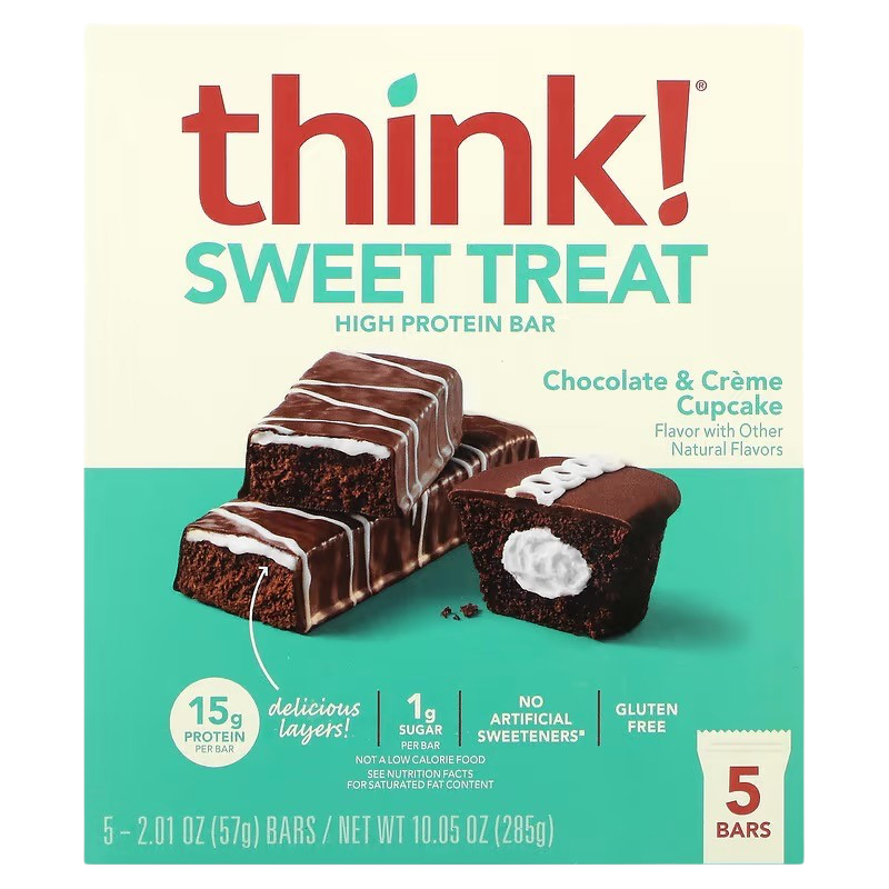 Think!, Desserts, High Protein Bars, Chocolate &amp; Cream Cupcakes, 5 Bars, 2.01 oz (57 g) 