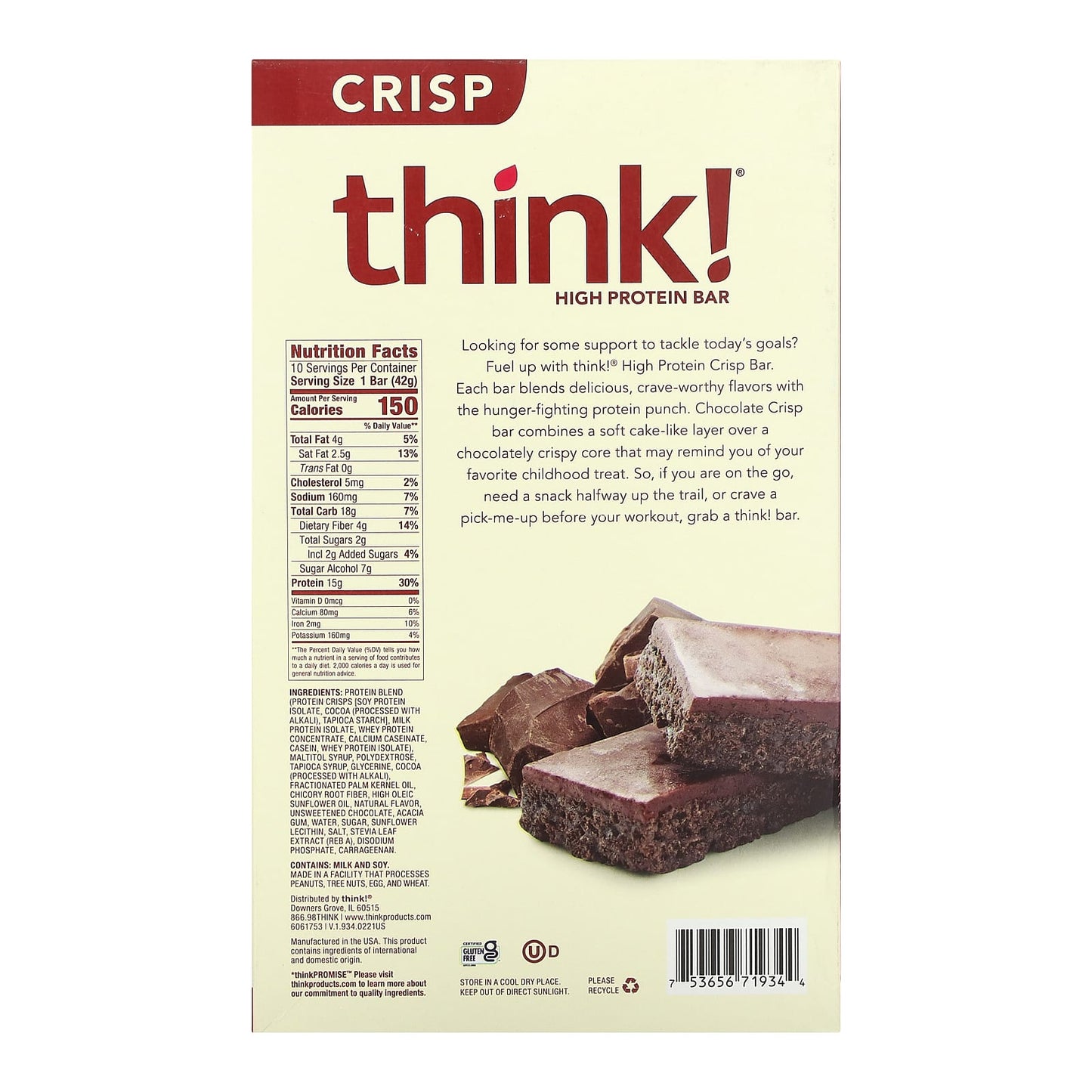 Think!, High Protein Bars, Chocolate Chip, 10 Bars, 1.48 oz (42 g) 